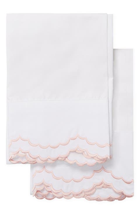 Set of 2 Double Scallop Embroidered 300 Thread Count Cotton Pillowcases