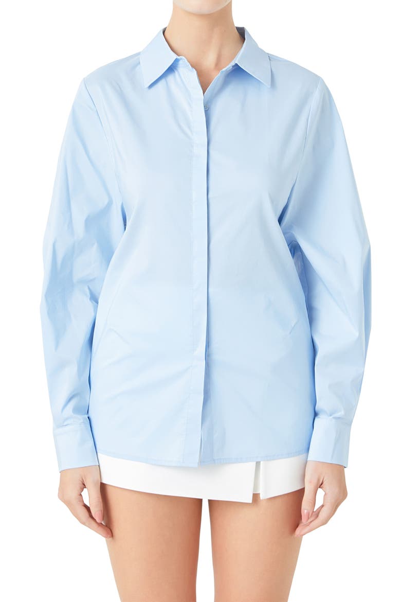 Elastic Back Detail Cotton Blend Button-Up Shirt, Alternate, color, POWDER BLUE