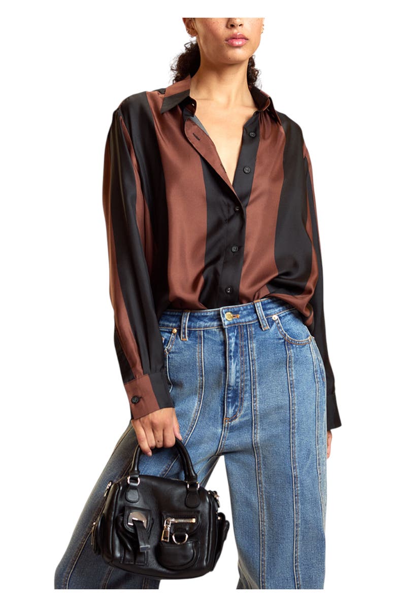 Cynthia Rowley Silk Stripes Button-Up Shirt, Main, color, Black/Brown