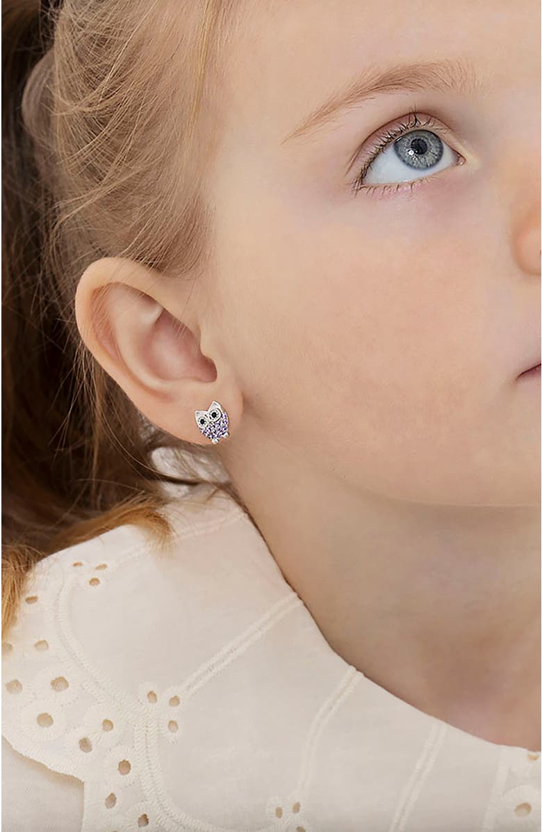 In Season Jewelry Hoot Cubic Zirconia Owl Earrings, Alternate, color, Purple