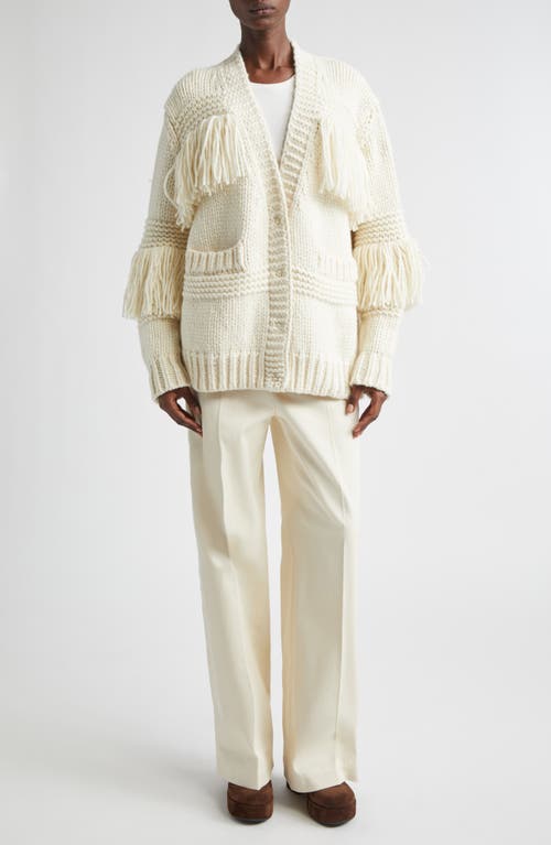 Moncler Grenoble Fringe Trim Wool Blend Cardigan In White