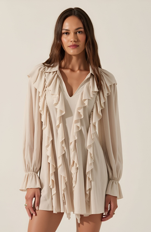 Modenaire Solid Knit Romper With V-neck Tie Closure, Cascading Ruffles And Long Bubble Sleeves In Neutral