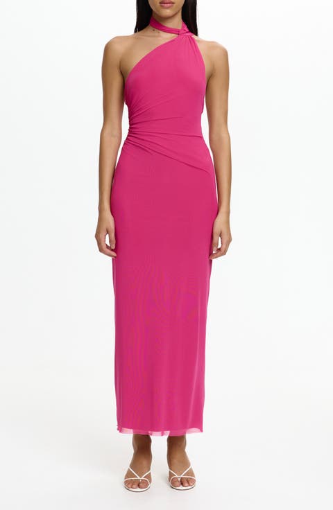 Avni Asymmetric Halter Neck Mesh Gown