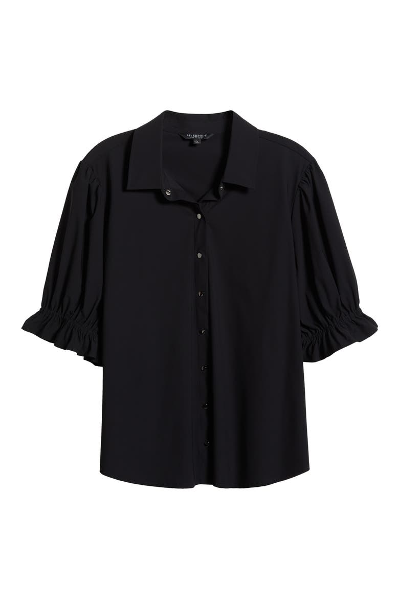 Puff Sleeve Knit Snap-Up Shirt, Alternate, color, BLACK