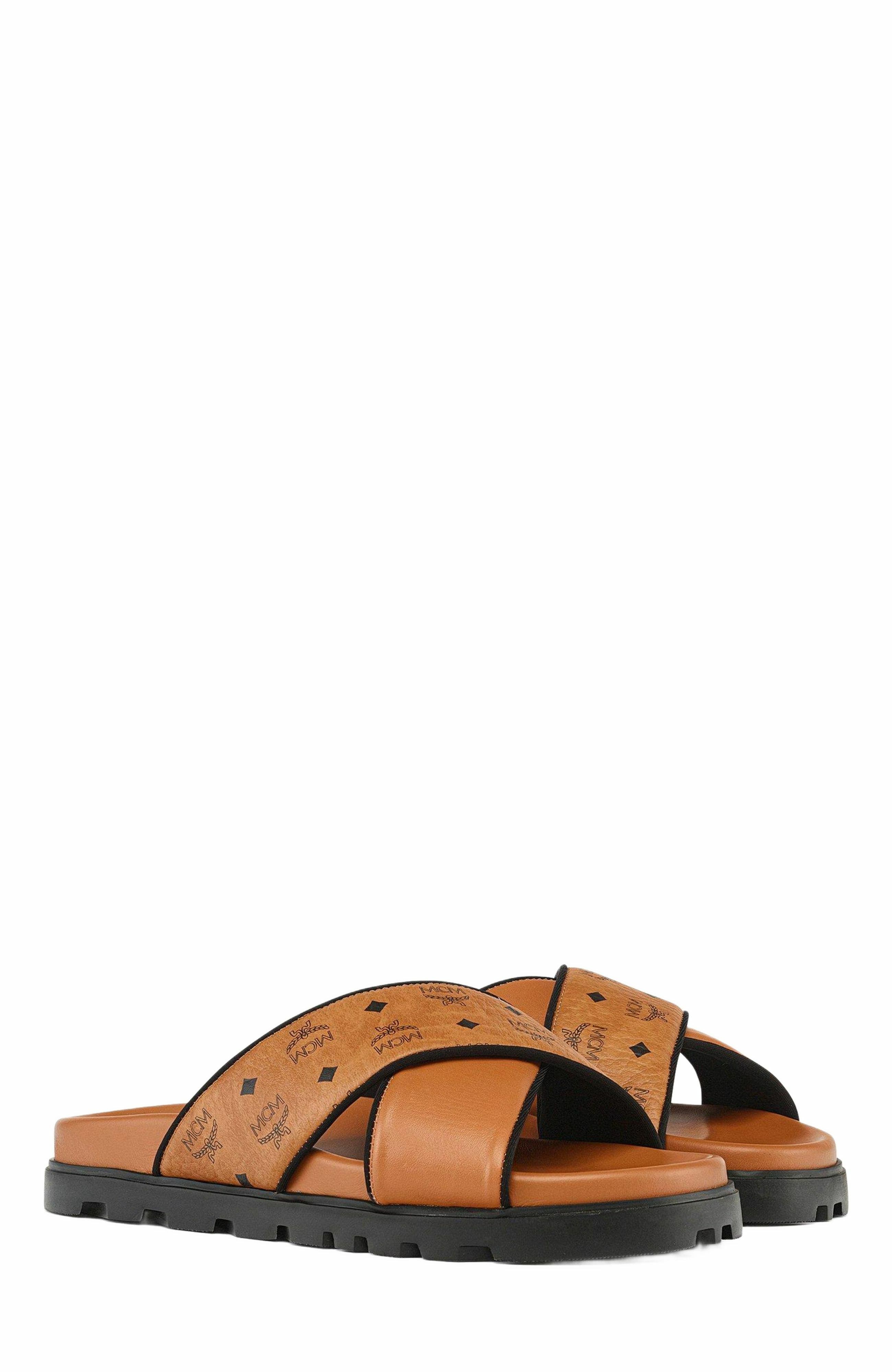 MCM Cross Sandal in VIsetos Leather Mix, Main, color, Cognac