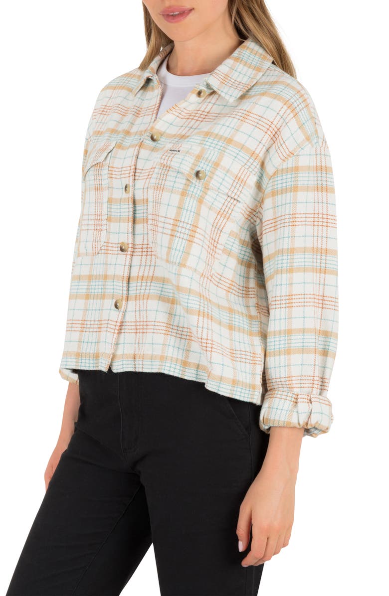 Hurley Roam Boxy Flannel Button-Up Shirt, Alternate, color, Tofu