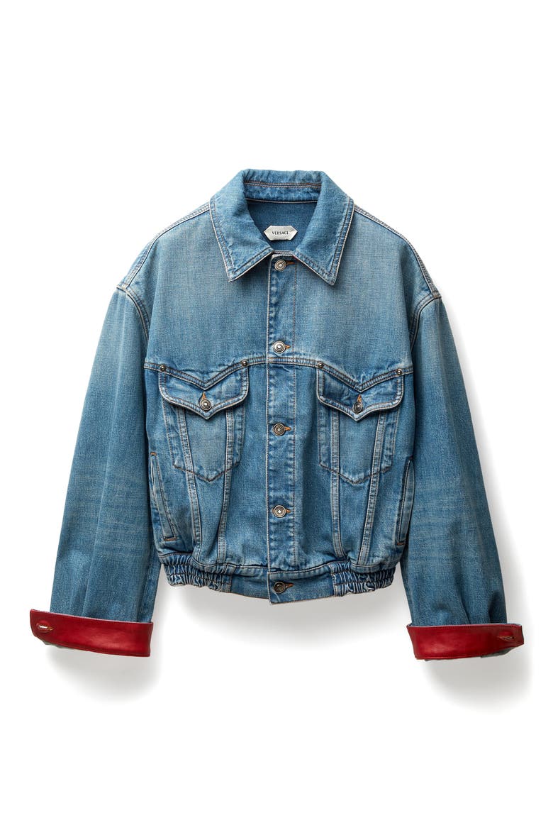 Gender Inclusive Oversize Colorblock Denim & Leather Trucker Jacket, Alternate, color, MEDIUM BLUE RED