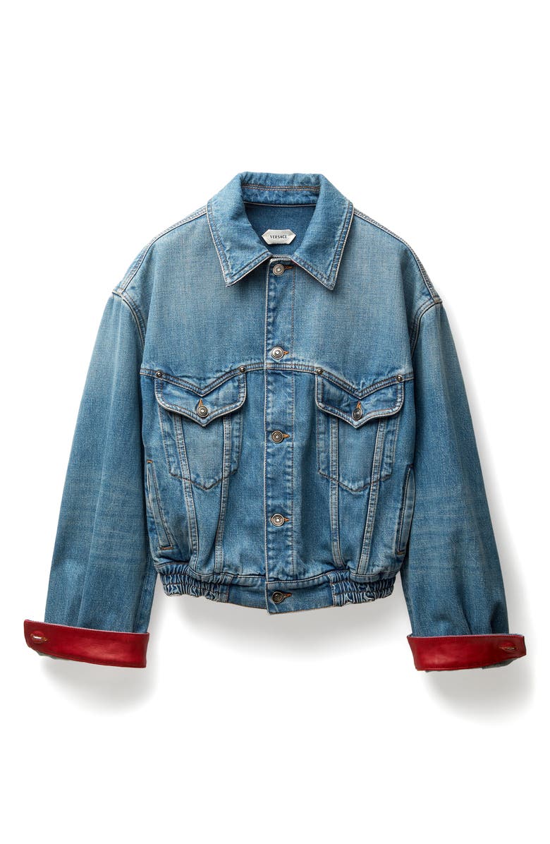 Versace Gender Inclusive Oversize Colorblock Denim & Leather Trucker Jacket, Alternate, color, Medium Blue Red