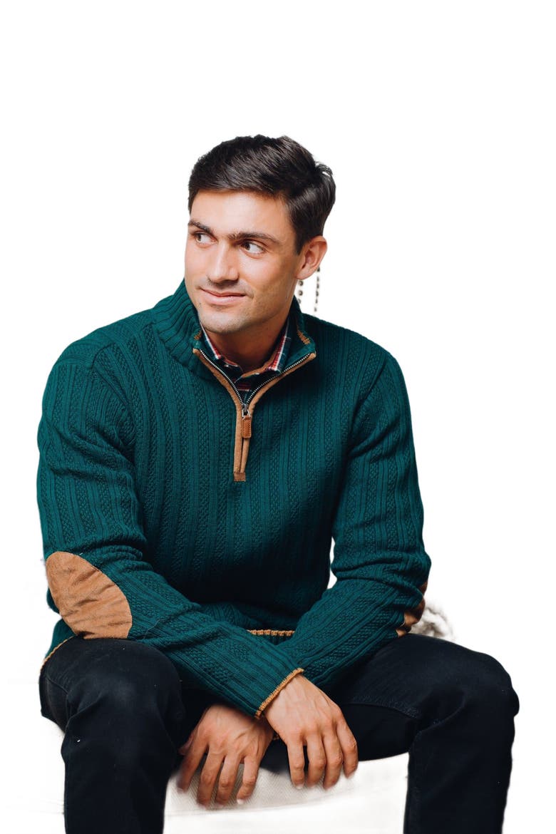 Men's Organic Half Zip Sweater with Suede Trim, Alternate, color, Deep Green Rib