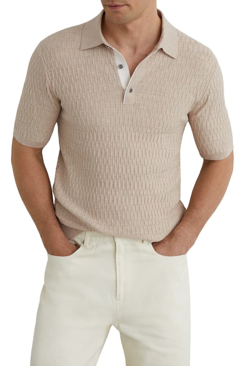 Reiss Era Basket Weave Knit Polo Sweater, Main, color, Oatmeal Brown