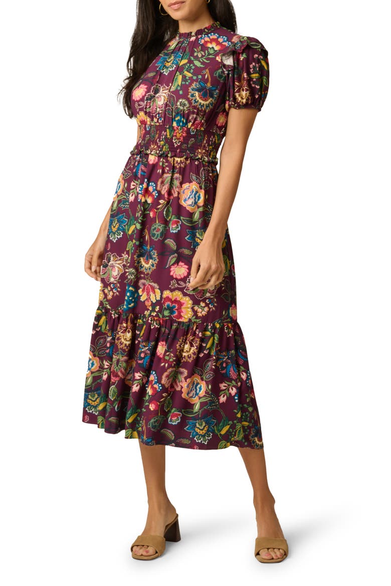 Print Midi Dress, Main, color, BURGUNDY MULTI