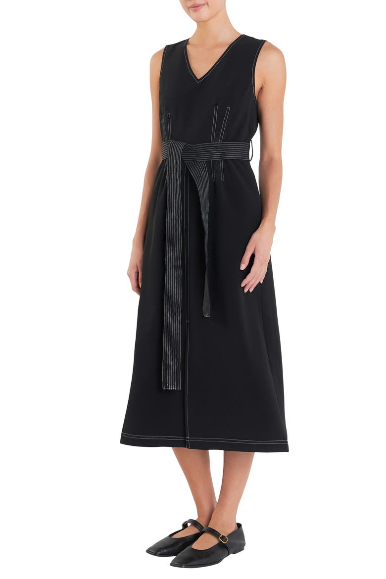 Stitch Detail Tie Belt Dress, Alternate, color, BLACK