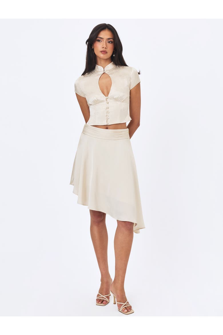Galina Satin Asymmetrical Midi Skirt, Alternate, color, White