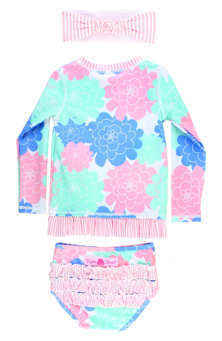 RuffleButts Pastel Petals Two-Piece Rashguard Swimsuit & Head Wrap Set, Alternate, color, 