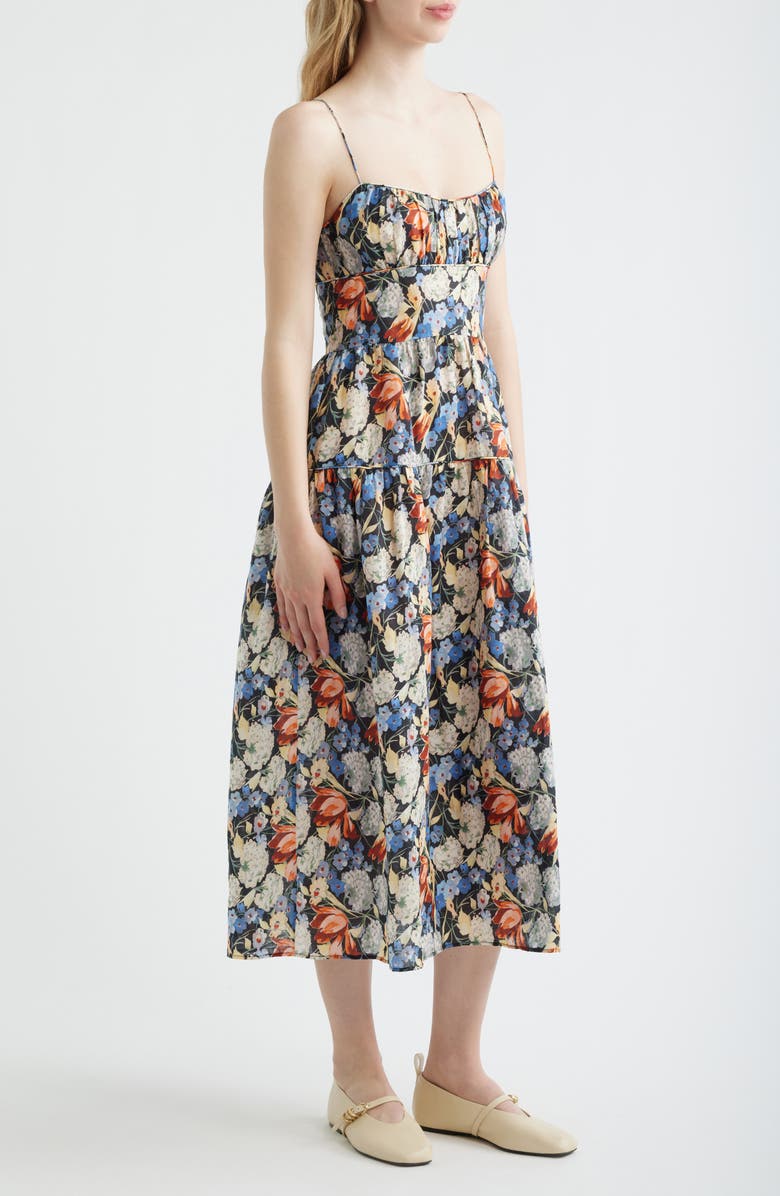 DÔEN Benoit Floral Gathered Bust Tiered Midi Dress, Alternate, color, Petit Jardin De Villandry