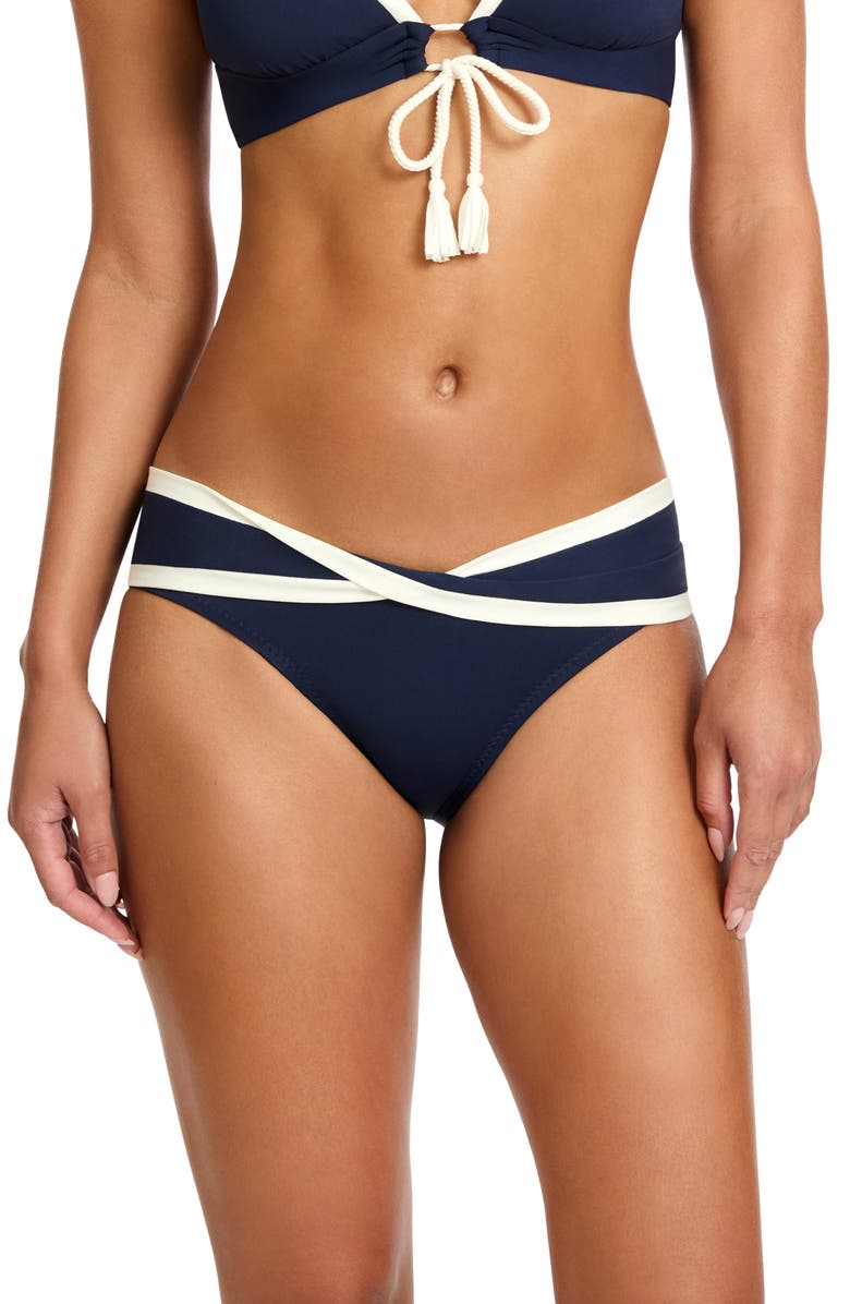 Robin Piccone Tierna Twist Hipster Bikini Bottoms, Main, color, Navy/Cream