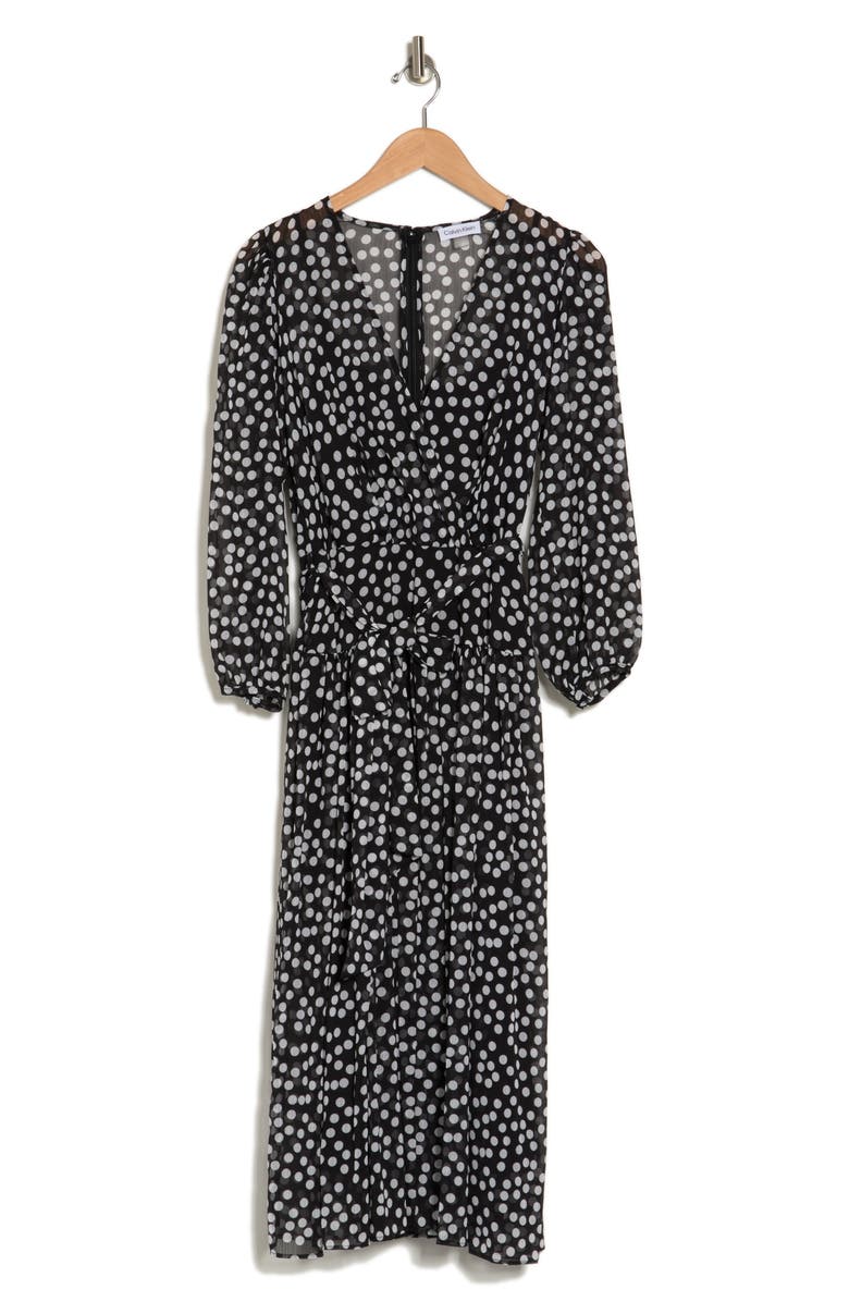 Calvin Klein Surplice Neck Three-Quarter Sleeve Dot Print Faux Wrap Midi Dress, Alternate, color,