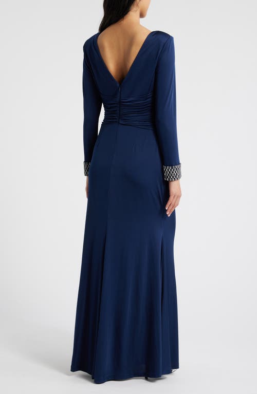 Vince Camuto Center Knot Beaded Cuff Long Sleeve Jersey Gown In Navy