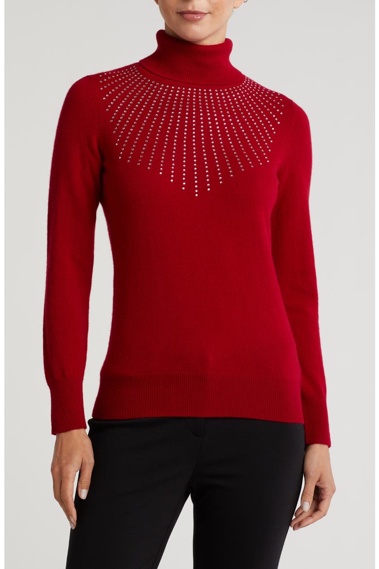 Turtleneck Starburst Cashmere Sweater, Main, color, DARK RED