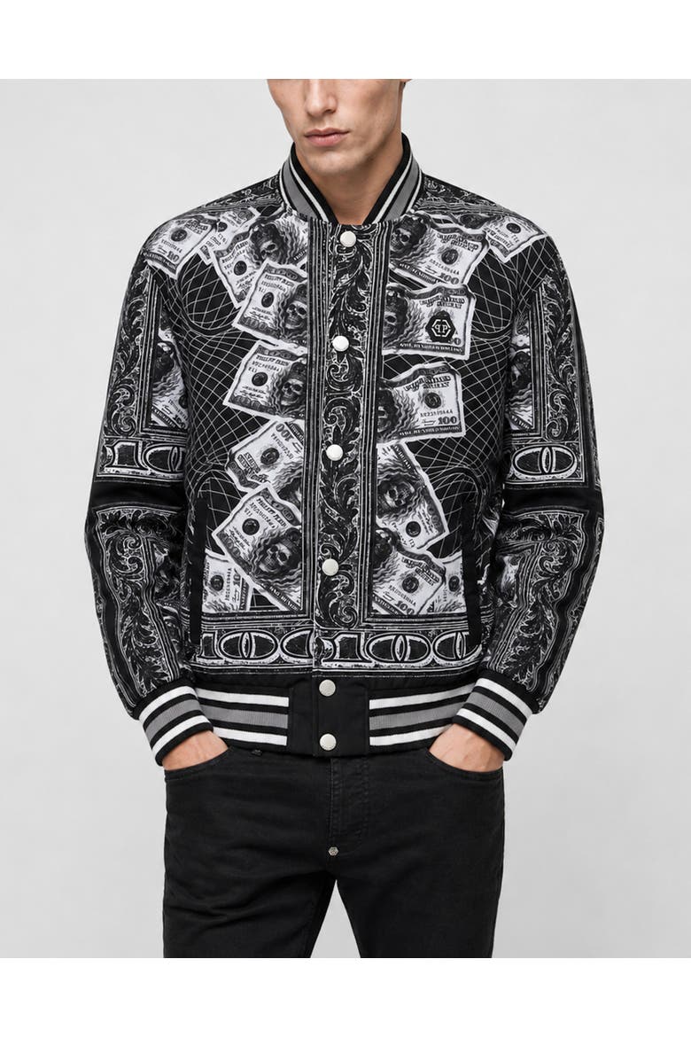 Nylon Bomber Skull Dollar Men, Main, color, black