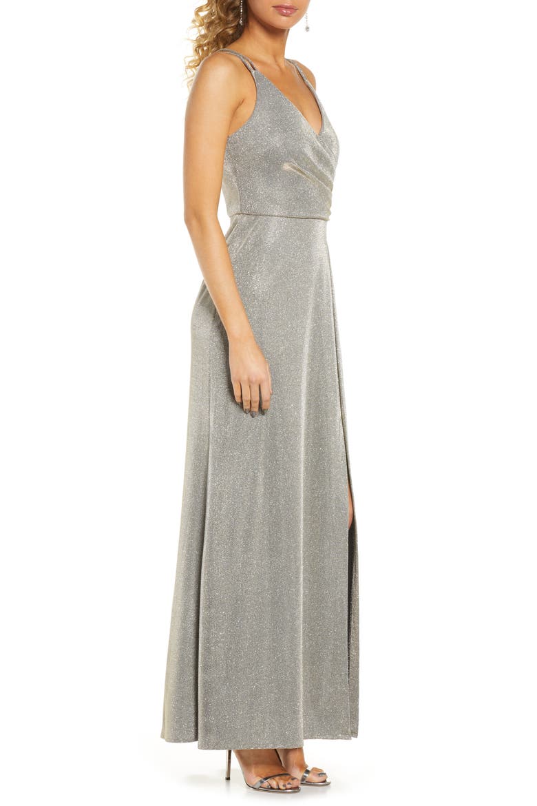 Shimmer Wrap Front Gown, Alternate, color, GOLD/ SILVER