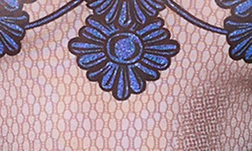 Afrm Zadie Print Mesh Turtleneck Top In Ornate Navy