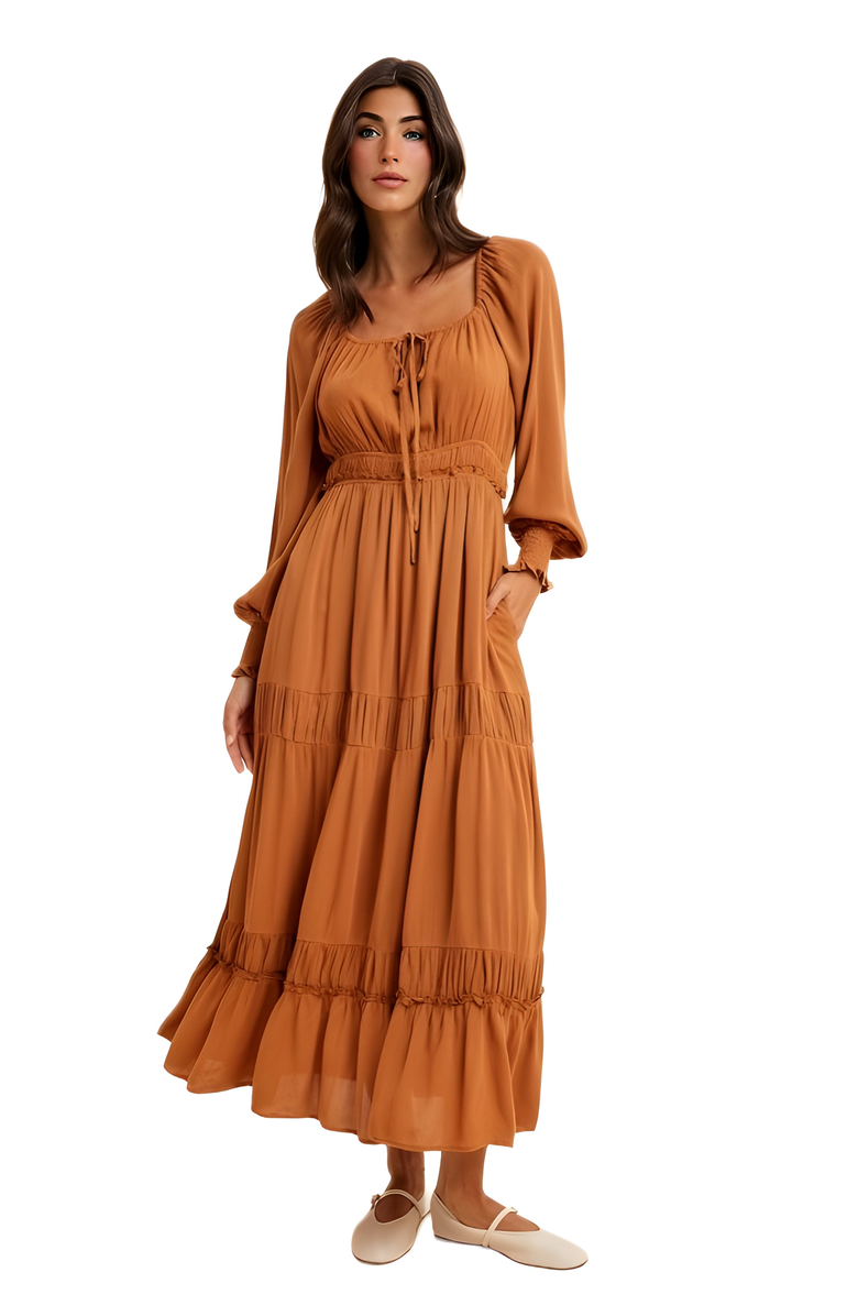 Knit and Lounge Tiered Smocked Waist Long Sleeve Maxi Dress, Main, color, 
