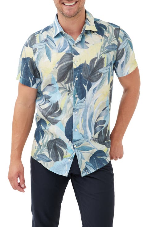 Edwin Street Leaf Print Short Sleeve Linen Button-Up Shirt