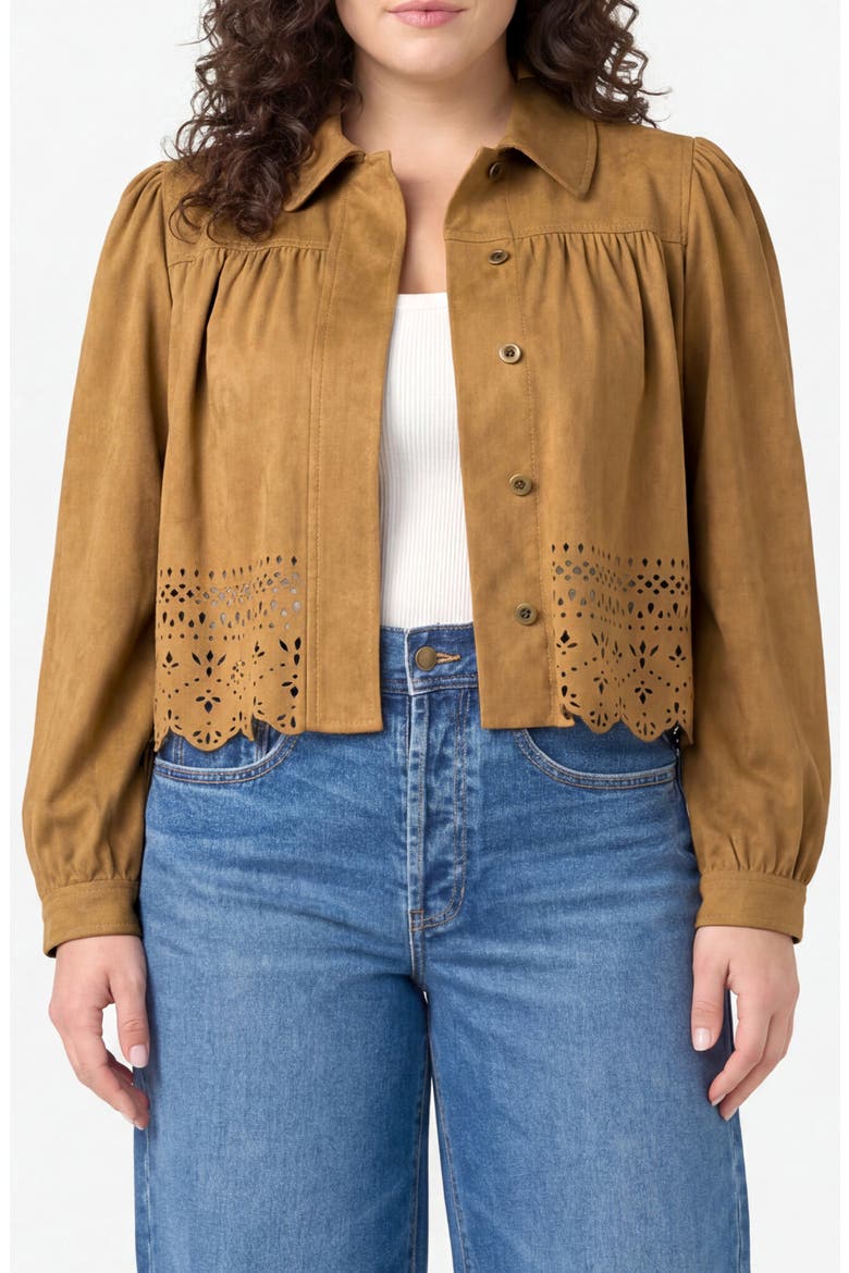 Puff Sleeve Laser Cutout Jacket, Main, color, CARAMEL