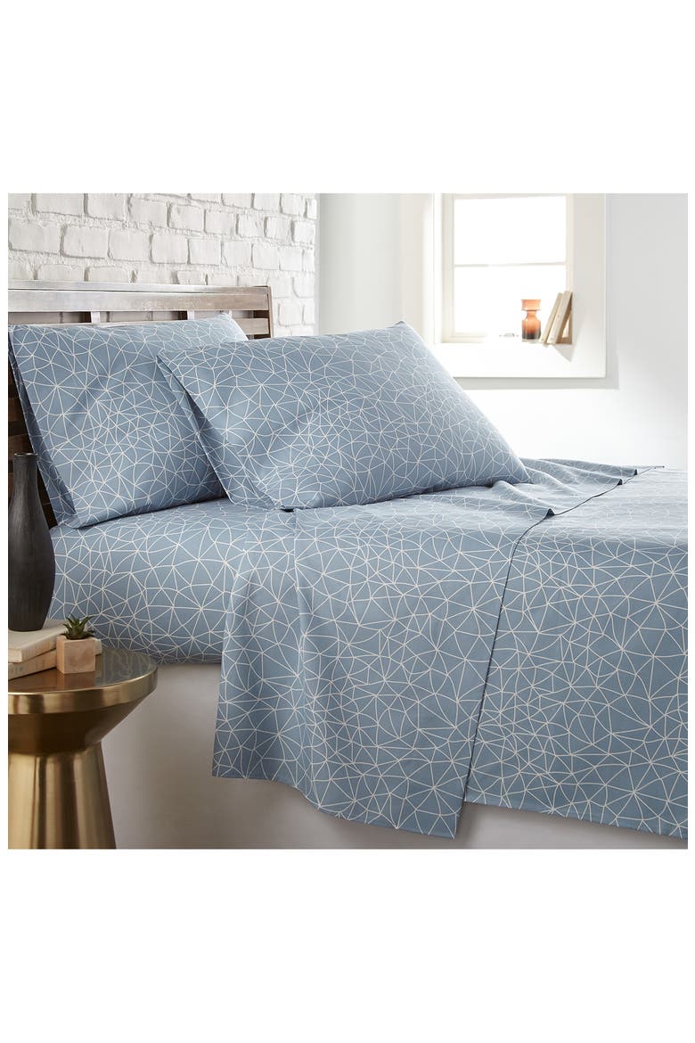 Queen Sized Modern Printed Sheet Set - Blue /White, Main, color, GEOMETRIC MAZE - BLUE / WHITE