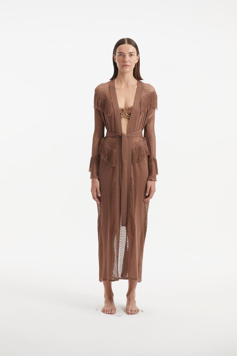 Itzel Knitted Mesh Long-Sleeve Kaftan, Alternate, color, Brown