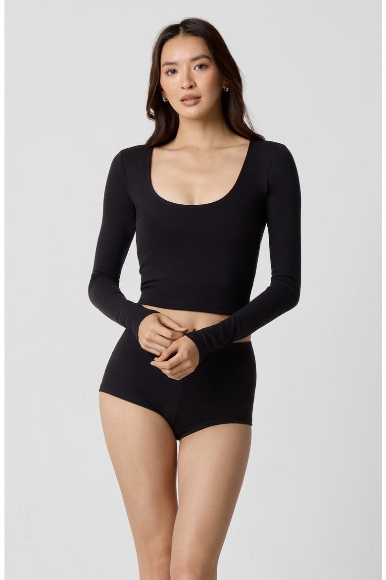 Power Mesh Plunge Long Sleeve T-Shirt, Alternate, color, BLACK