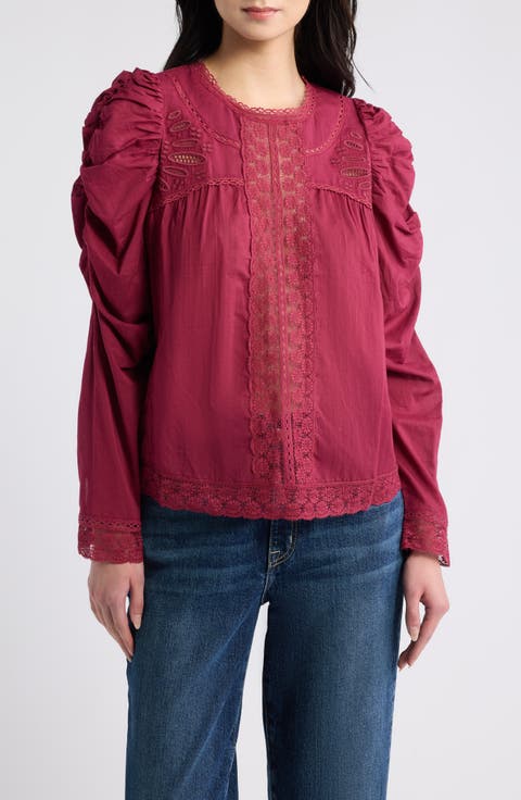 Puff Sleeve Lace Detail Cotton Top