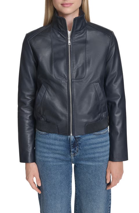 Stand Collar Leather Bomber Jacket