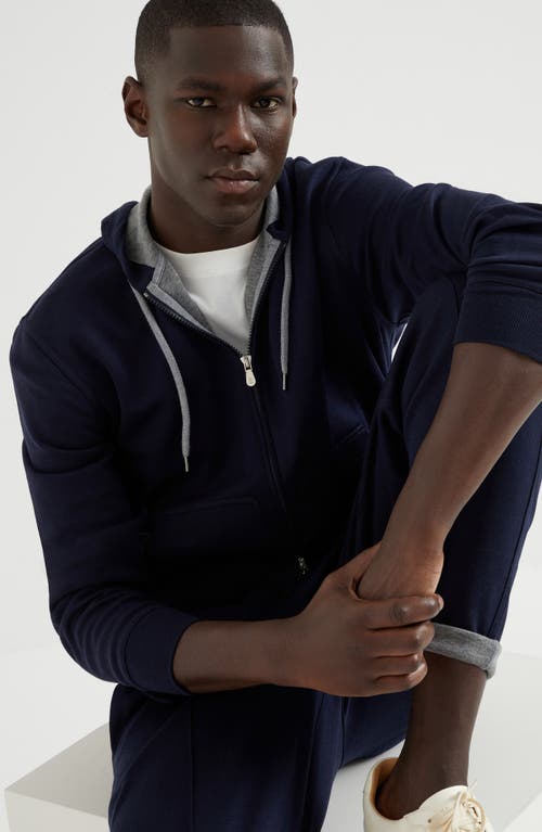Brunello Cucinelli Zip-up Hoodie With Contrasting Lining And Ribbed Cuffs In Cobalt