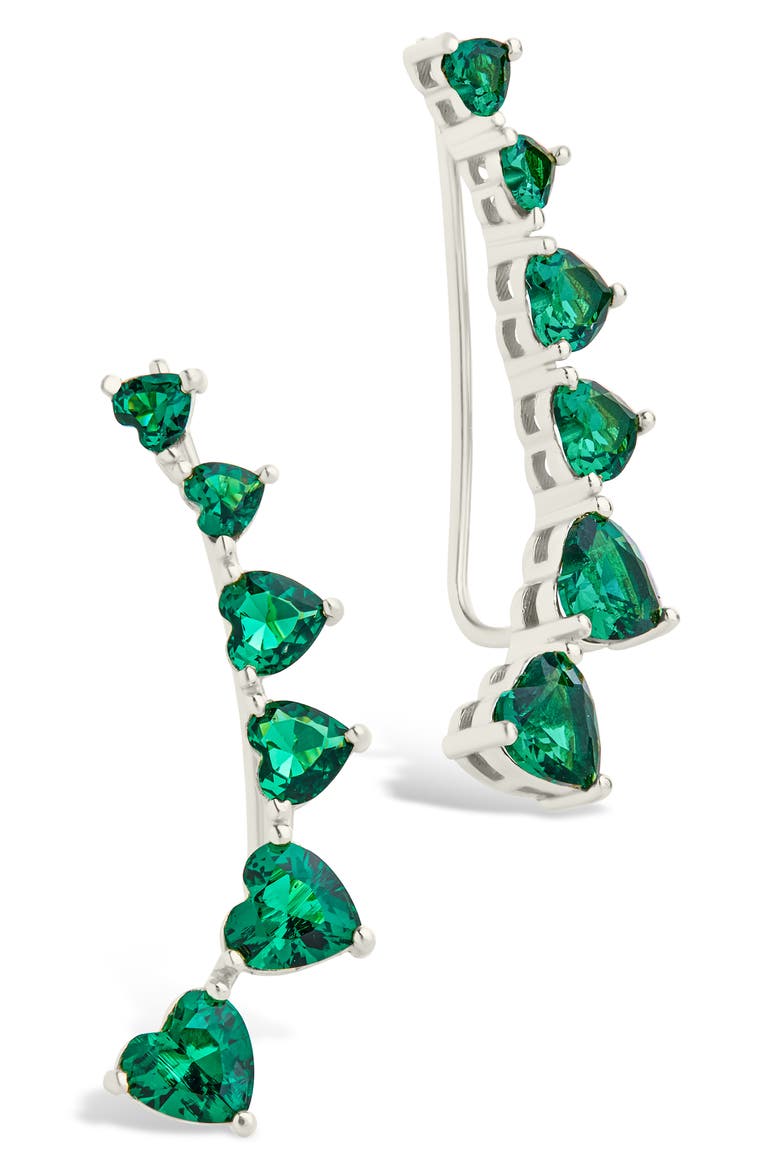 Jillian Cubic Zirconia Heart Ear Climbers, Main, color, SILVER / GREEN