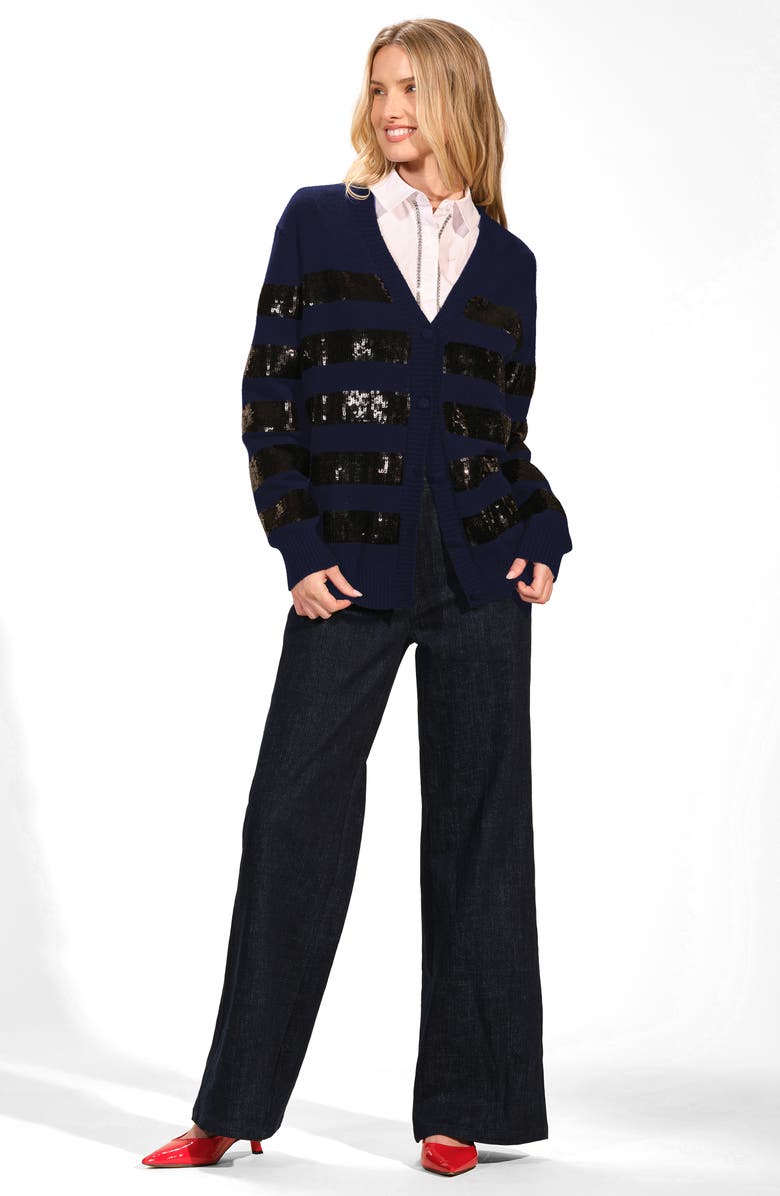 Isaac Mizrahi New York Stripe Sequin Cardigan, Alternate, color, Navy/ Black
