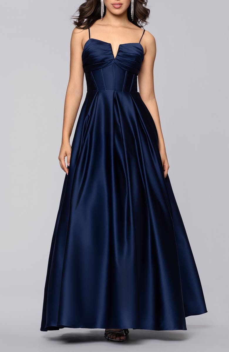 Blondie Nites Notch Neck Satin Ballgown, Main, color, Navy