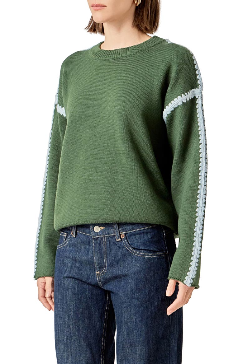 Stitch Detail Relaxed Fit Cotton Sweater, Alternate, color, MOSSMULTI