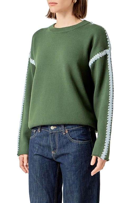English Factory Stitch Detail Relaxed Fit Cotton Sweater In Green