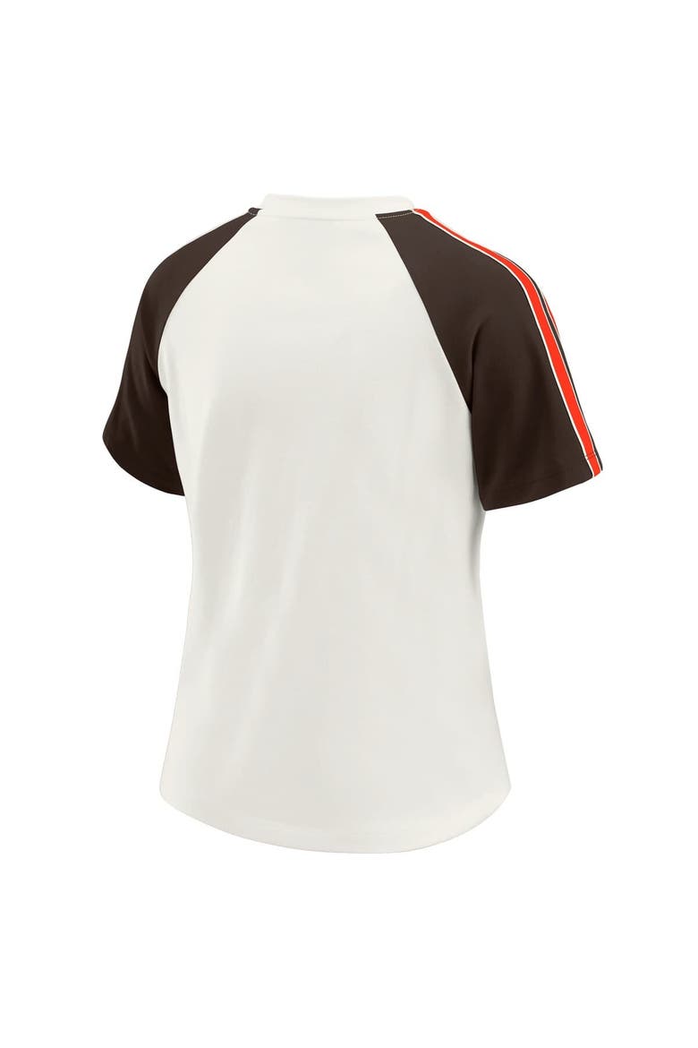 Women's WEAR by Erin Andrews White Cleveland Browns Sleeve Stripe Distressed Raglan T-Shirt, Alternate, color, White