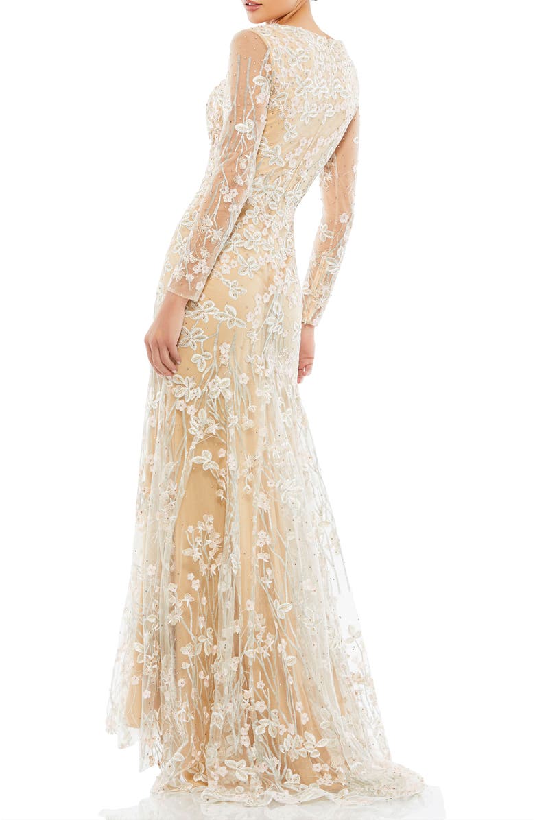 Mac Duggal Embroidered V Neck Long Sleeve Trumpet Gown, Alternate, color, Ivory Nude