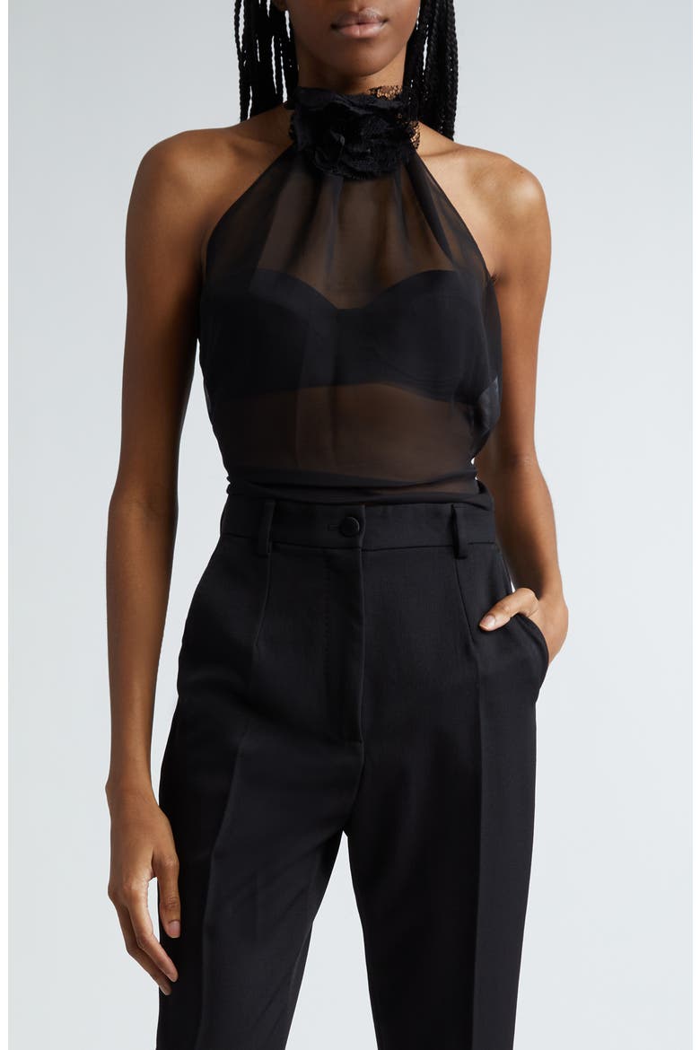 Rosette Silk Blend Chiffon Halter Top, Main, color, NERO