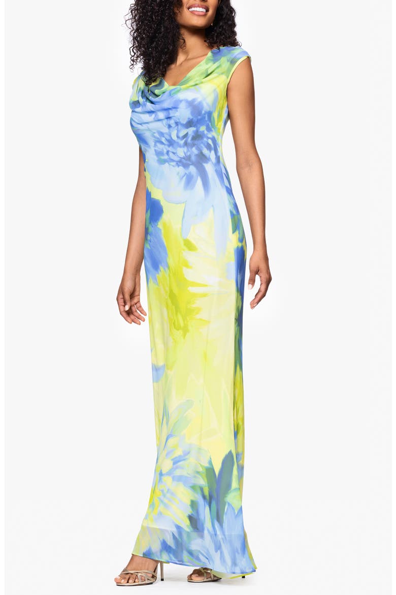 Abstract Floral Cowl Neck Chiffon Gown, Alternate, color, CITRINE