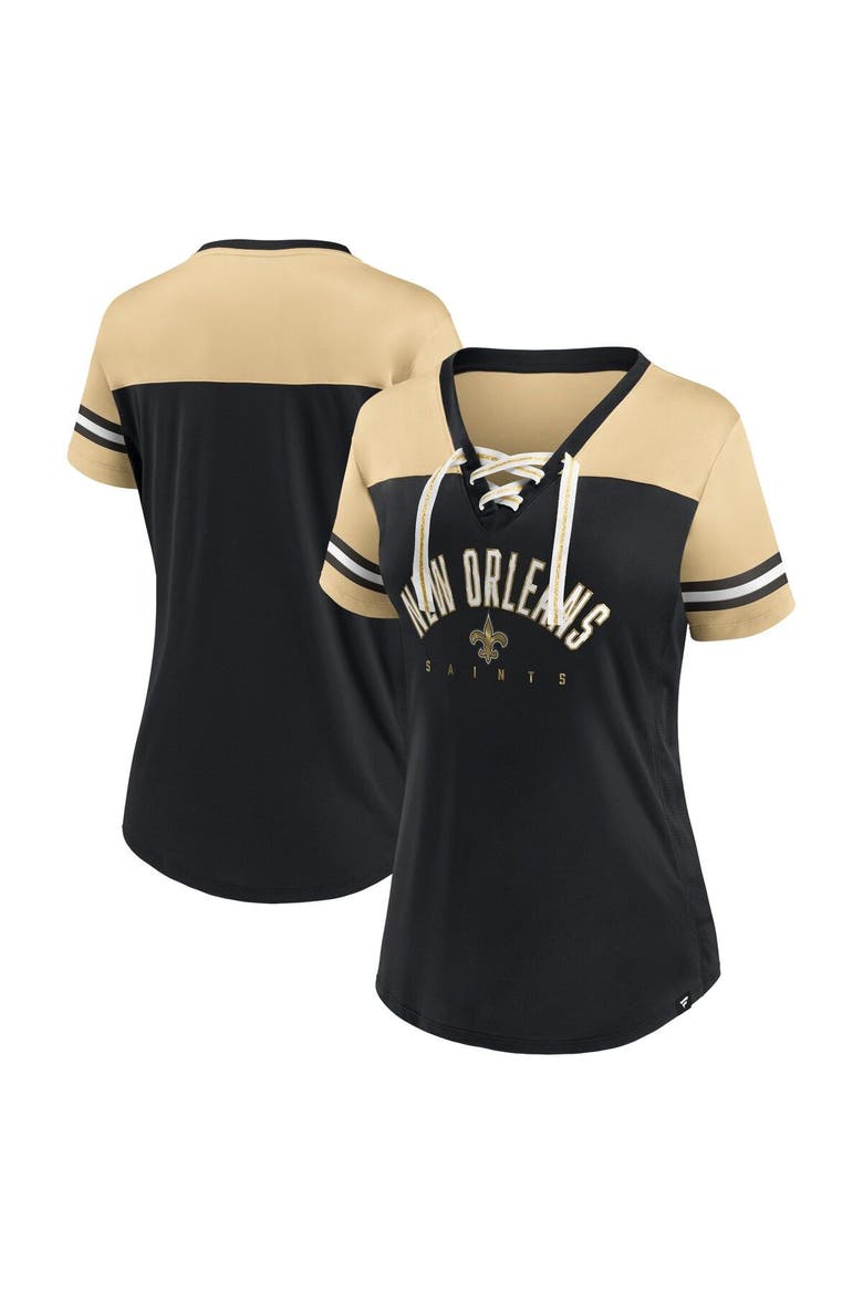 Women's Fanatics Branded Black/Vegas Gold New Orleans Saints Blitz & Glam Lace-Up V-Neck Jersey T-Shirt, Main, color, Black