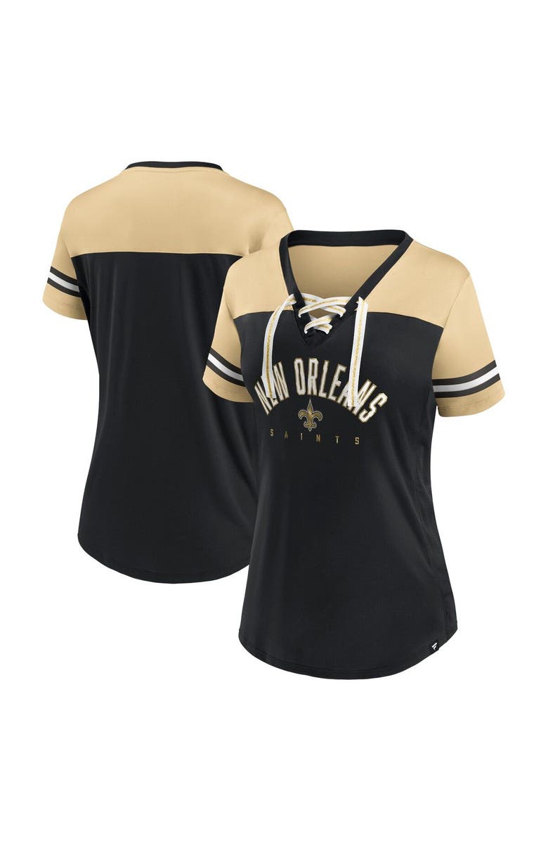 FANATICS Women's Fanatics Branded Black/Vegas Gold New Orleans Saints Blitz & Glam Lace-Up V-Neck Jersey T-Shirt, Main, color, Black