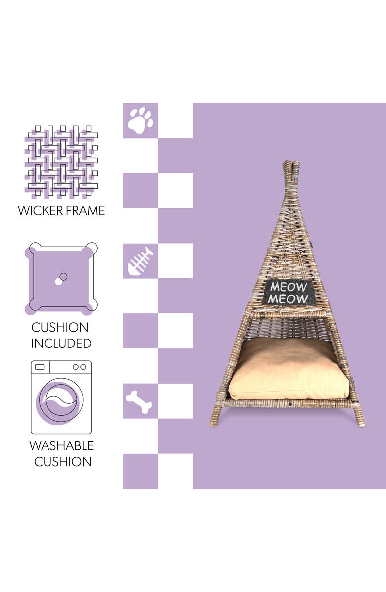 The Licker Store Tiki Tent 20" x 20" Coastal Handwoven Rattan Pet Bed with Machine-Washable Cushion, Alternate, color, Kubu Gray
