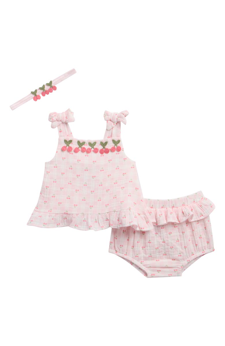 Nicole Miller Cherry Gingham Tank, Bloomers & Headband Set, Main, color, Icy Pink