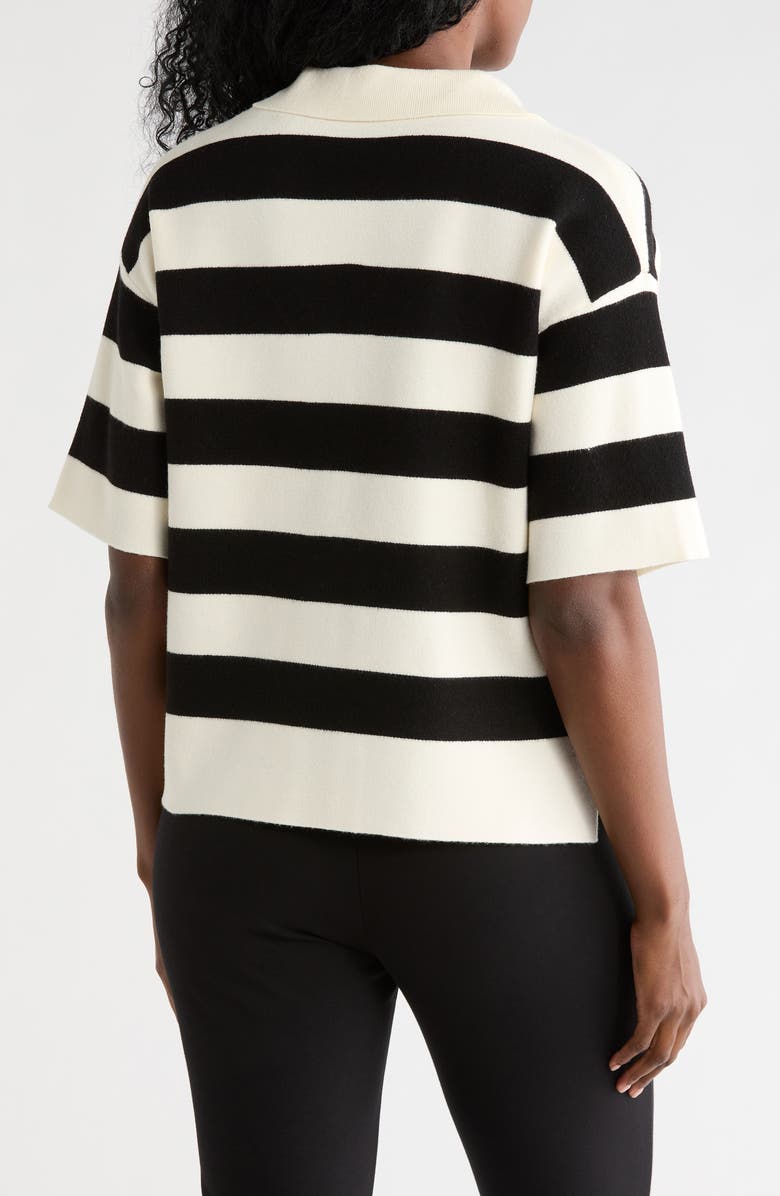 T Tahari Stripe Short Sleeve Polo Sweater, Alternate, color, Ivory/ Black