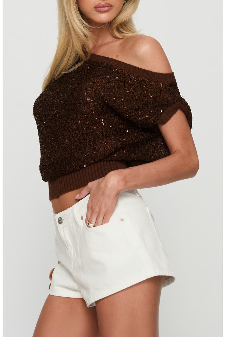 Marysa Sequin Off the Shoulder Blouson Top, Alternate, color, BROWN
